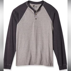 HANES Beefy Henley two-toned gray long sleeve with brown buttons| size XL